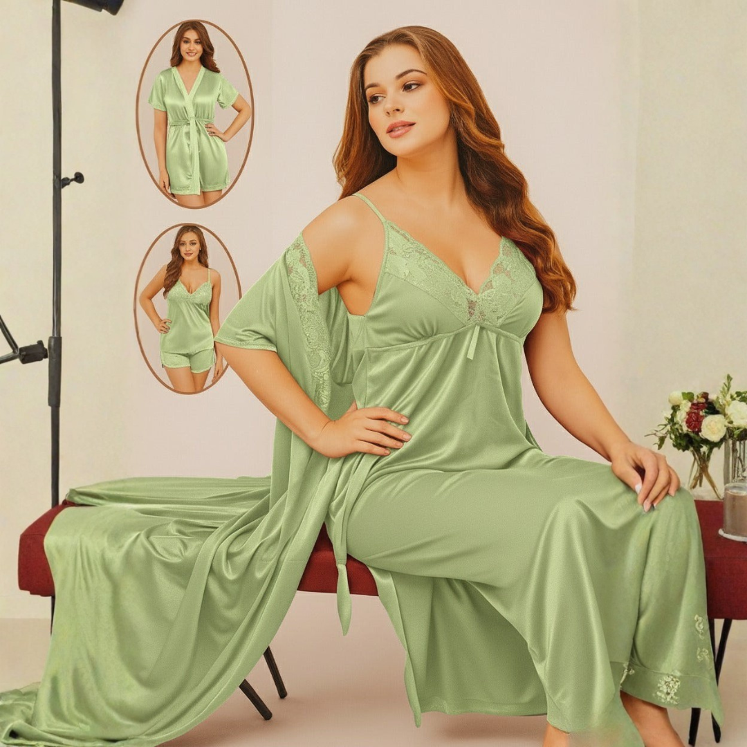 Luxury 4-Piece Silk Nightwear Set – Nightgown, Slip & Satin Robe Combo