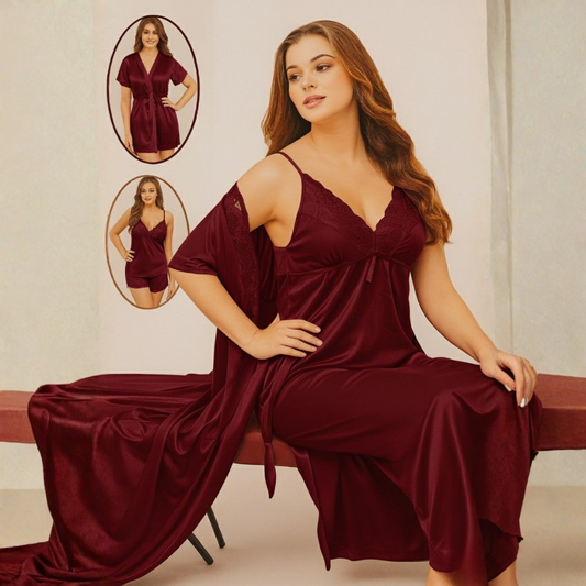 Luxury 4-Piece Silk Nightwear Set – Nightgown, Slip & Satin Robe Combo