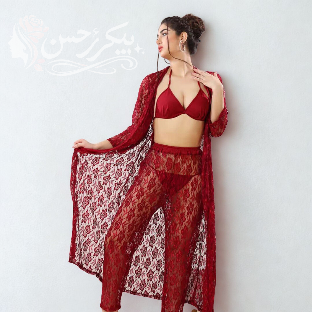 4-Piece Floral Nightwear Set + Sheer Lace Robe with Satin Belt