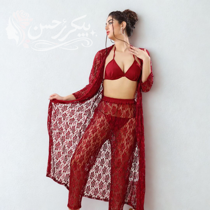 4-Piece Floral Nightwear Set + Sheer Lace Robe with Satin Belt