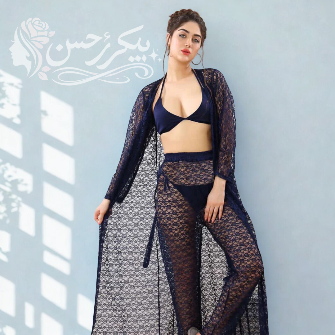 4-Piece Floral Nightwear Set + Sheer Lace Robe with Satin Belt