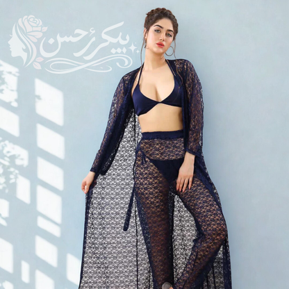 4-Piece Floral Nightwear Set + Sheer Lace Robe with Satin Belt
