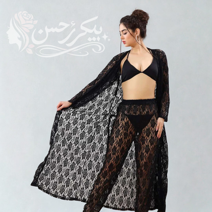 4-Piece Floral Nightwear Set + Sheer Lace Robe with Satin Belt