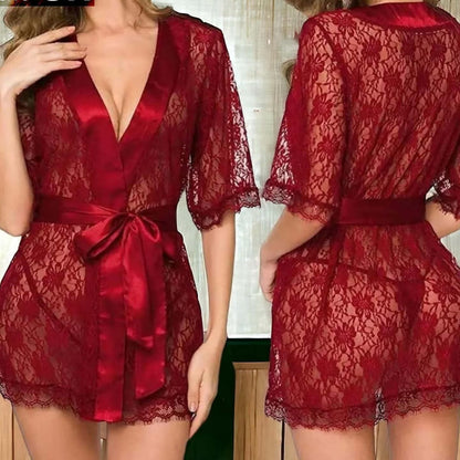 4-Piece Floral Nightwear Set + Sheer Lace Robe with Satin Belt