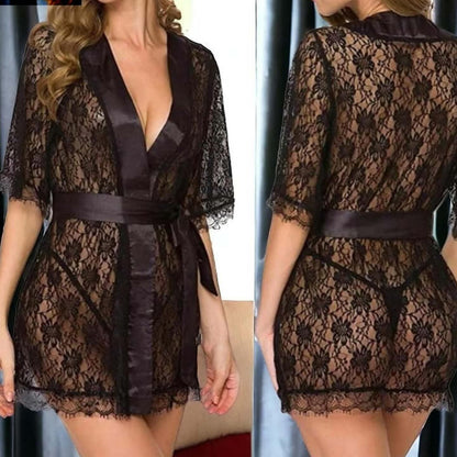 4-Piece Floral Nightwear Set + Sheer Lace Robe with Satin Belt