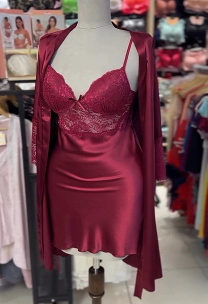 Burgundy Satin Lace Nightwear Set