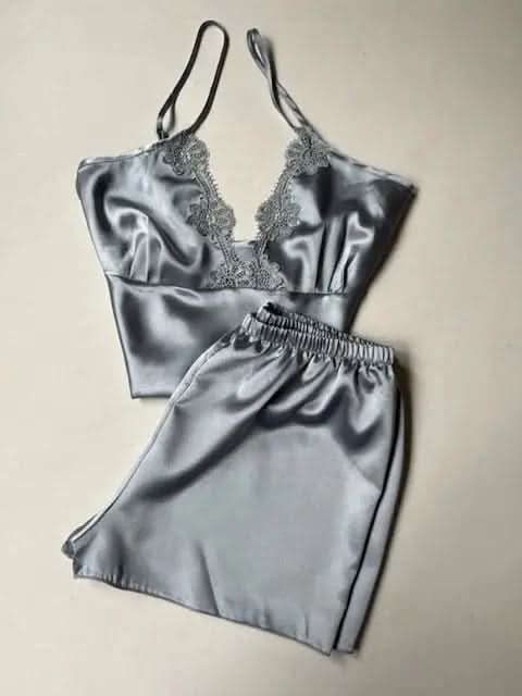 Grey Luxury 6-Piece Silk Nightwear Set with Long Slit