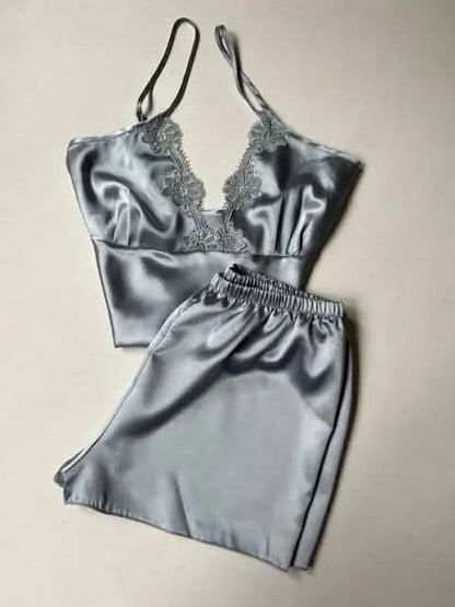 Grey Luxury 6-Piece Silk Nightwear Set with Long Slit